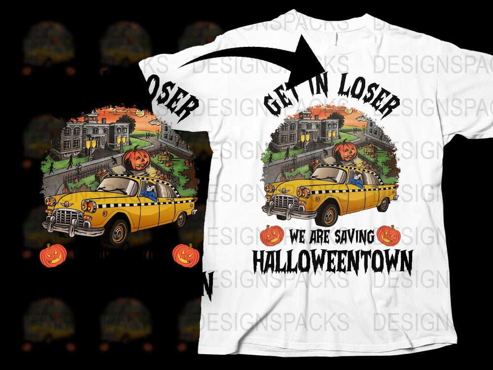Halloween Town T-Shirt, Get In Loser, Pumpkin Graphic, Fall Spooky Tee, Vintage Taxi Design, Casual Wear