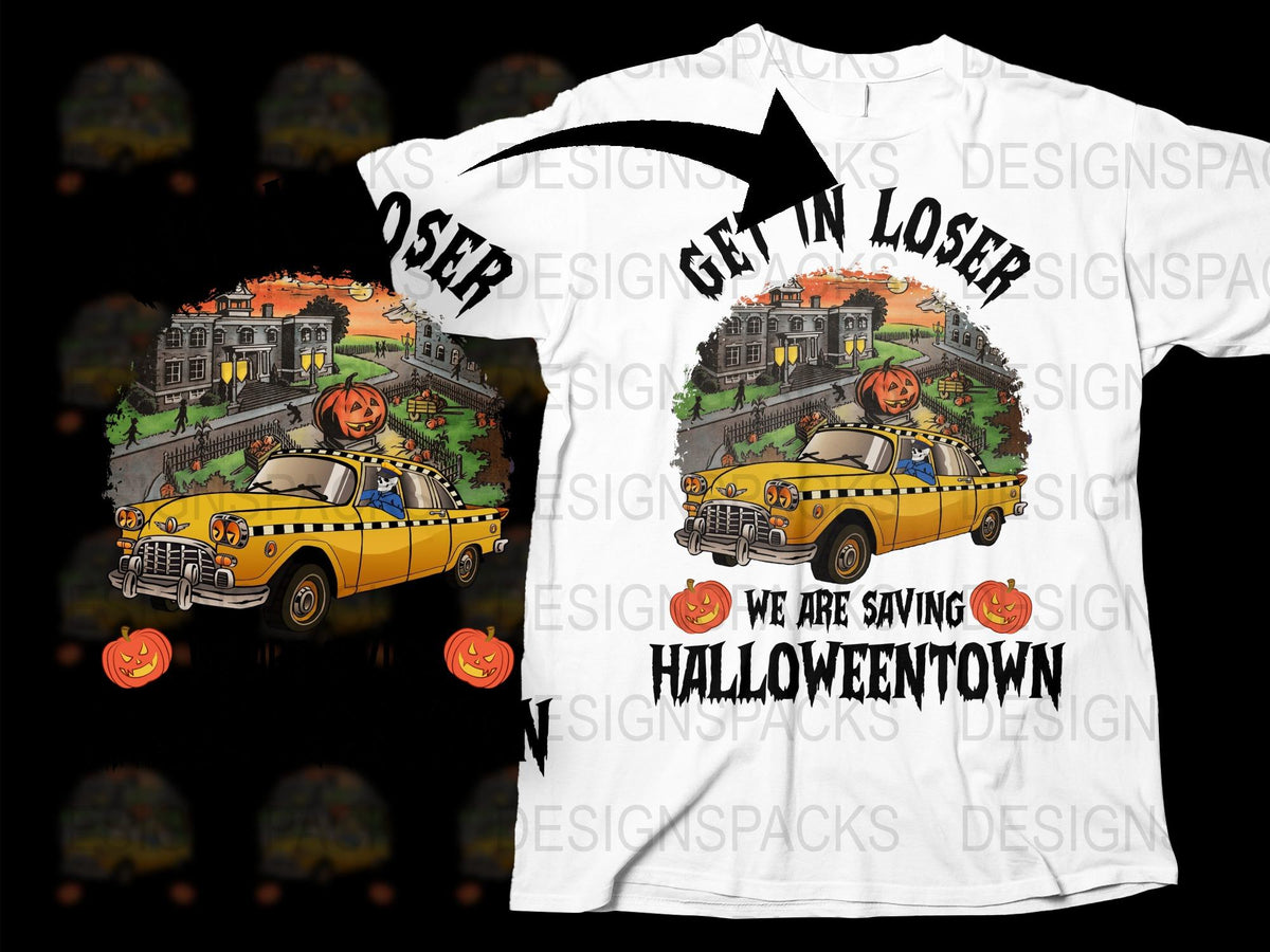 Halloween Town T-Shirt, Get In Loser, Pumpkin Graphic, Fall Spooky Tee, Vintage Taxi Design, Casual Wear