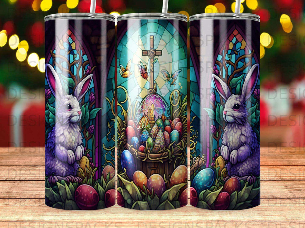 Easter bunny and decorated eggs in stained glass design.
