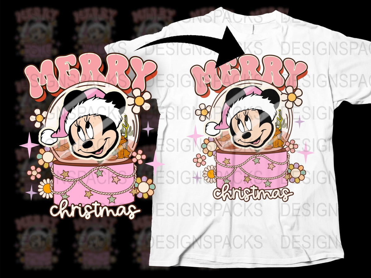 Merry Christmas Minnie Mouse T-Shirt, Cute Holiday Graphic Tee, Pink Floral Disney Shirt, Kids and Adult Sizes Available