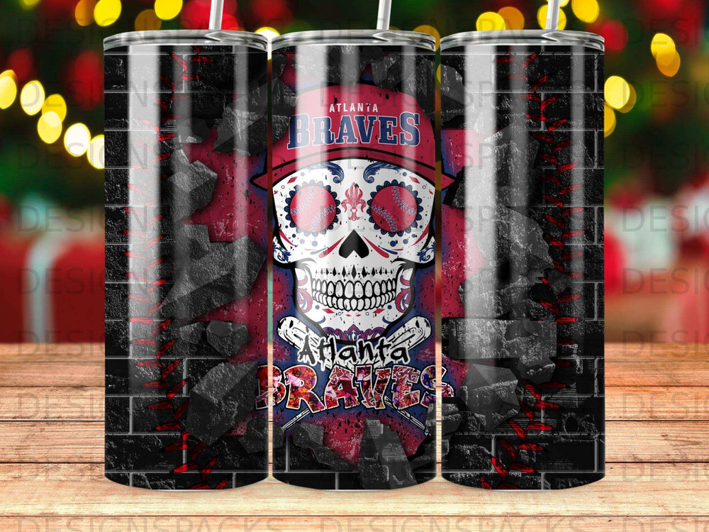 Atlanta Braves skull tumbler with brick pattern and blurred lights.
