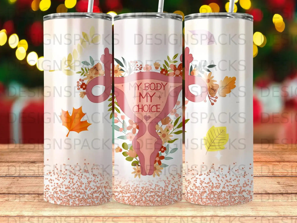 My Body My Choice uterus design with floral and leaf accents.