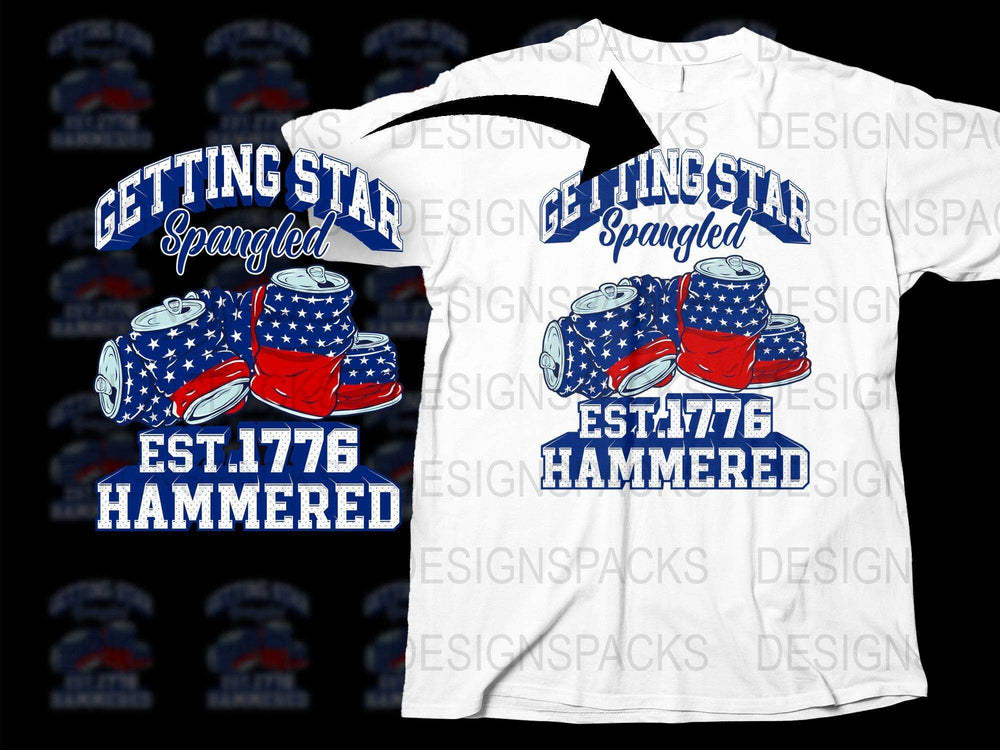 Patriotic T-Shirt Getting Star Spangled Hammered 4th of July Tee American Flag Beer Cans Design, Independence Day Party Shirt