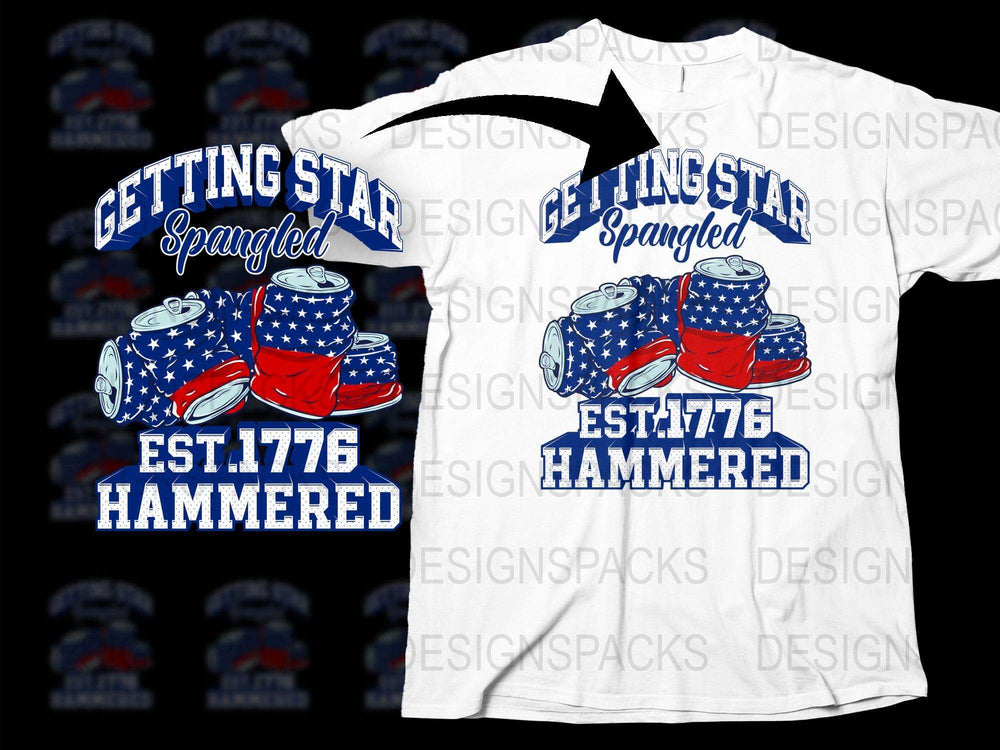 Patriotic T-Shirt Getting Star Spangled Hammered 4th of July Tee American Flag Beer Cans Design, Independence Day Party Shirt