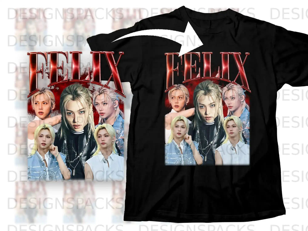 Black t-shirt with a collage of Felix from Stray Kids printed on the front.