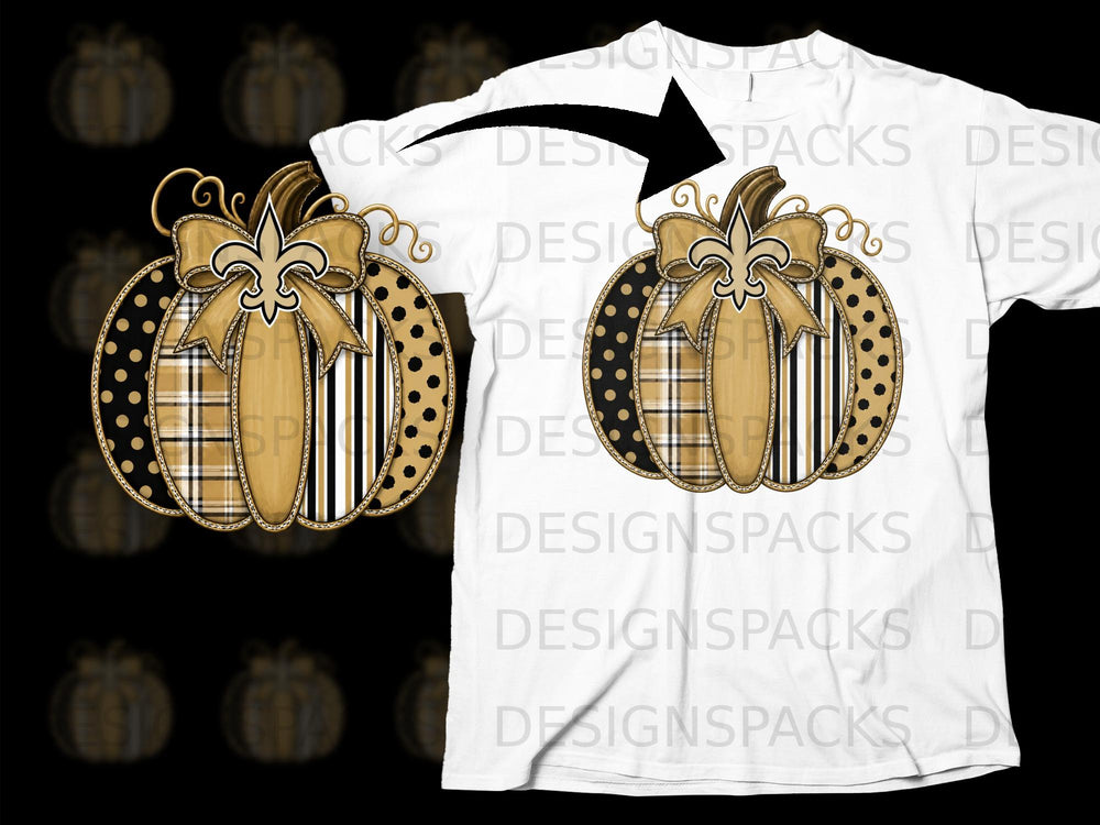 T-shirt with a decorative pumpkin design featuring plaid, polka dots, and fleur-de-lis.