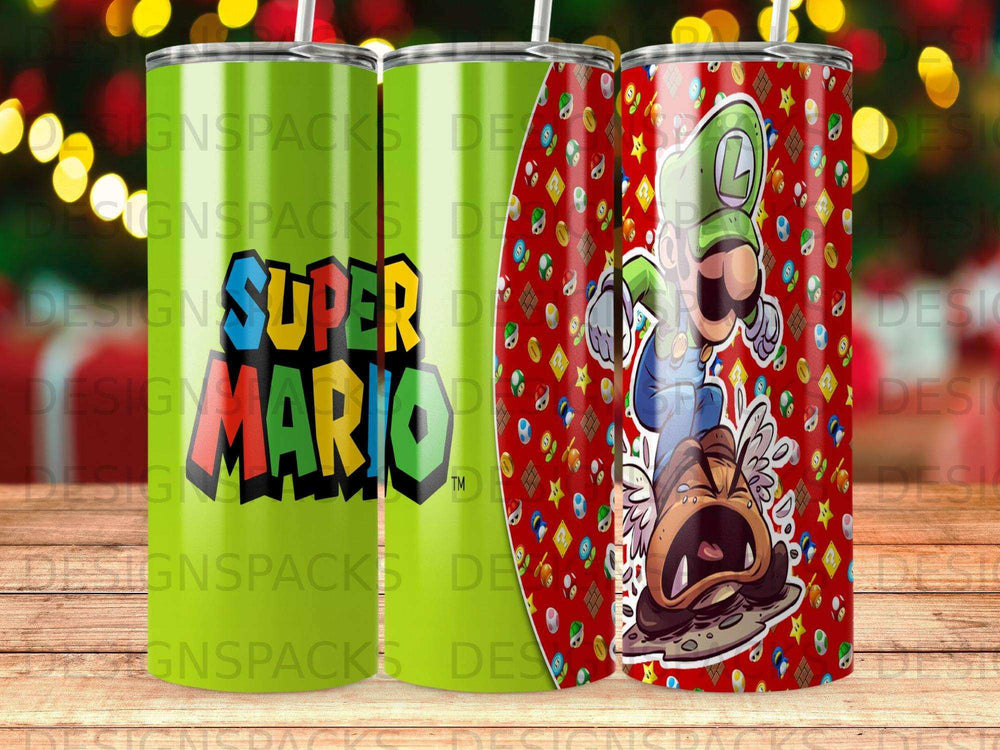 Super Mario characters and patterns on three green tumblers.