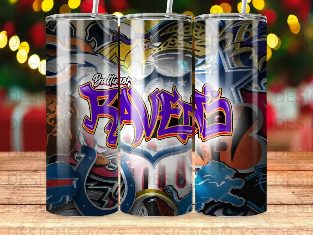 Baltimore Ravens graffiti logo on a tumbler, surrounded by other team logos.