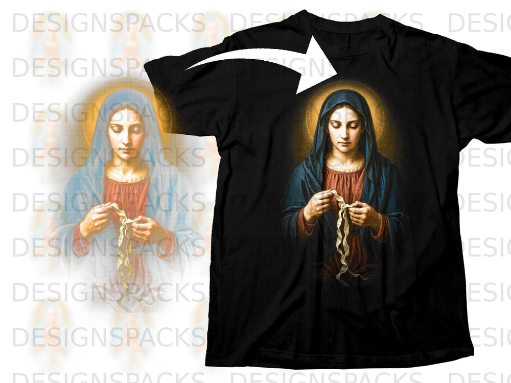 Black t-shirt with depiction of Virgin Mary holding a ribbon.