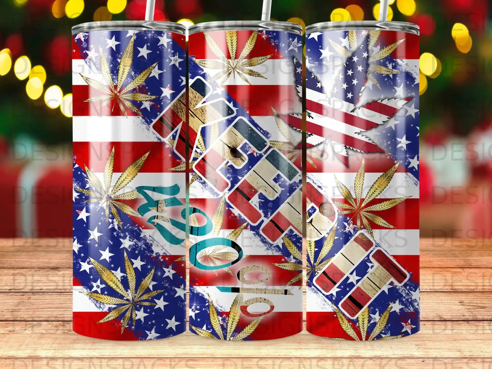 USA flag and cannabis leaves pattern on tumbler, with "420" text.