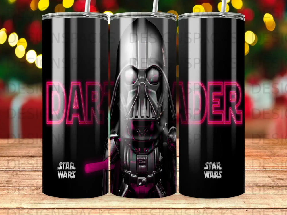 Darth Vader helmet and "Star Wars" logo on a black tumbler.