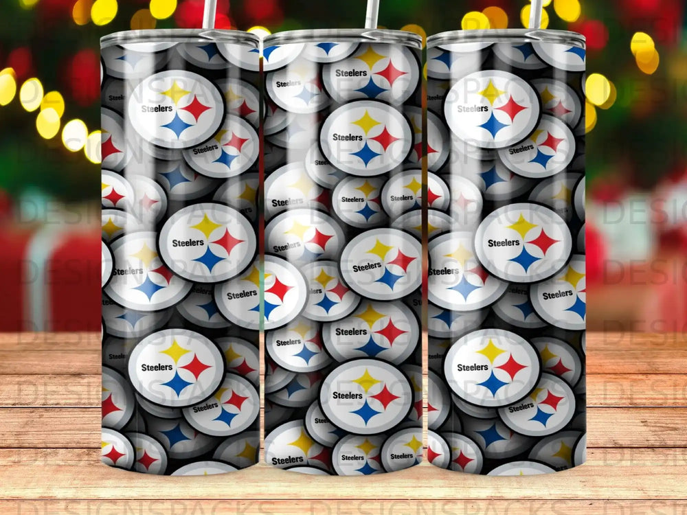 Pittsburgh Steelers logo pattern on a reusable tumbler with a lid.