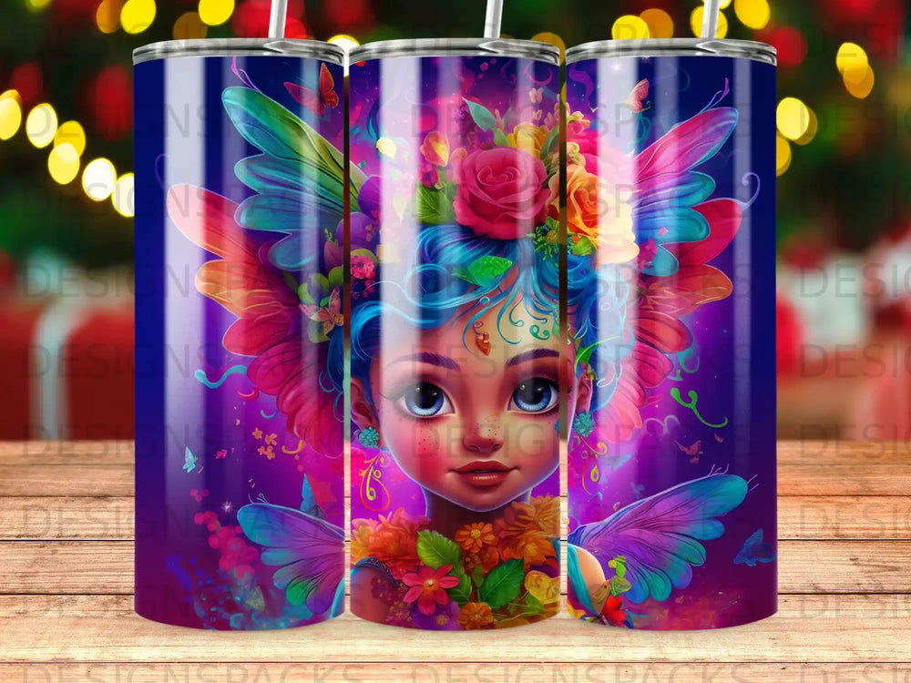 Whimsical cartoon girl with colorful wings and floral accents on a patterned tumbler.