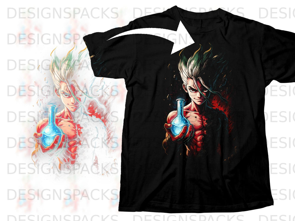 Senku Ishigami from Dr. Stone holding a blue glowing flask on a black t-shirt.