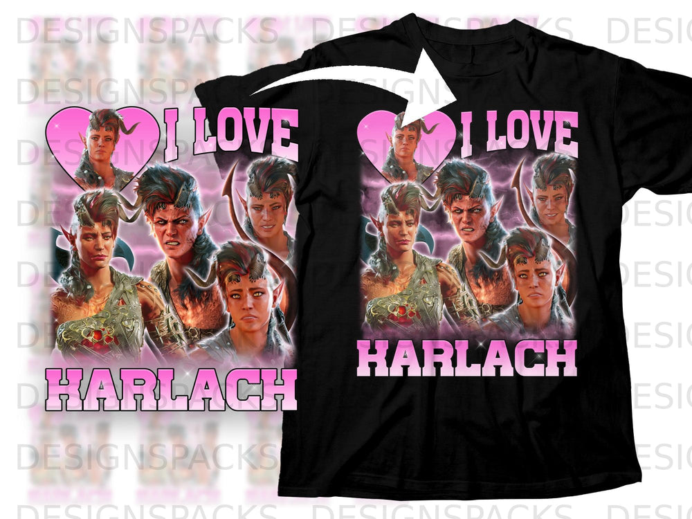 Black t-shirt with "I LOVE HARLACH" and fantasy characters with horns and pointed ears.