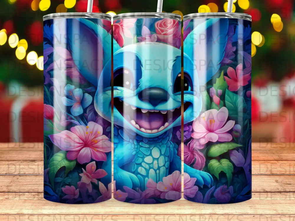 Blue Stitch character surrounded by colorful flowers on a tumbler.