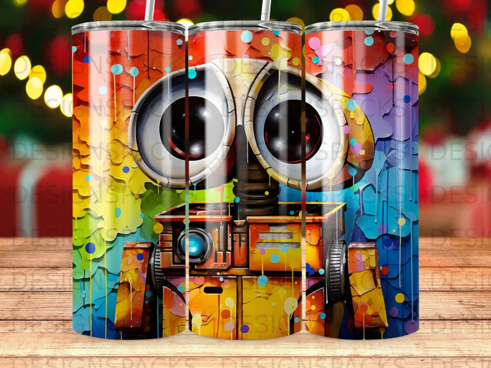 Wall-E robot with colorful, textured paint splashes and bokeh lights.