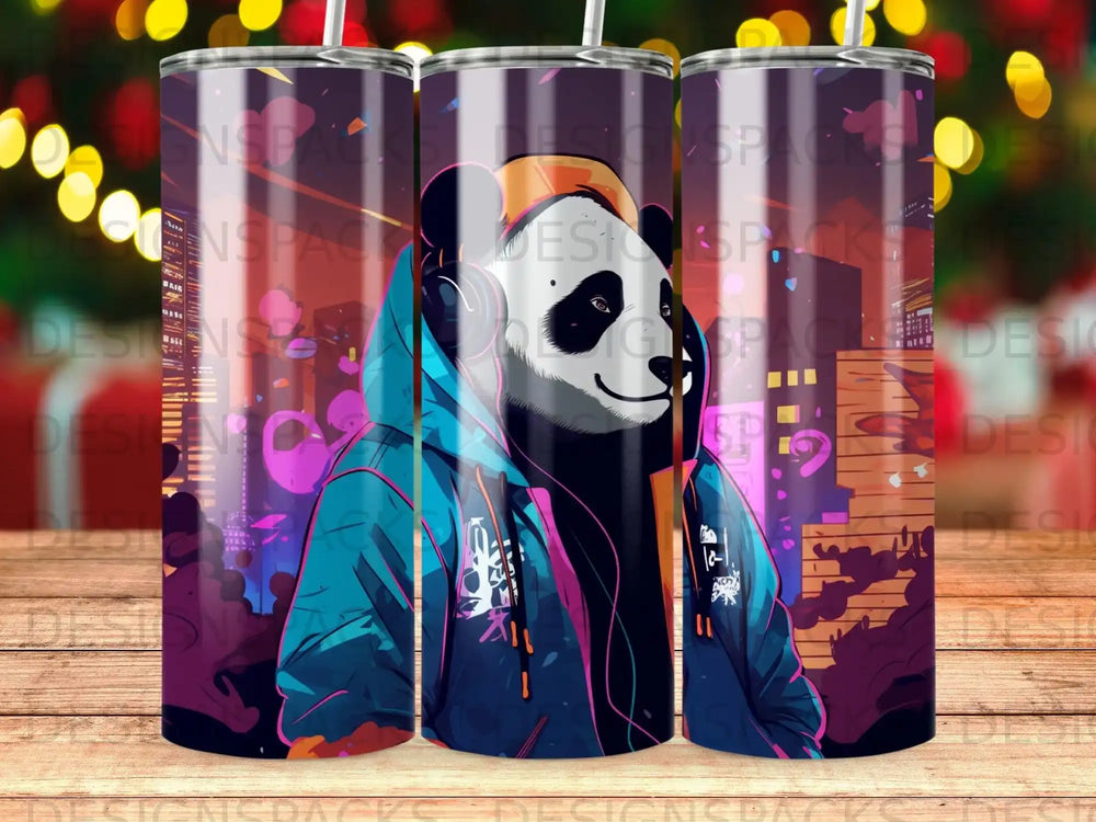 Panda wearing headphones and a hoodie, against a city skyline.