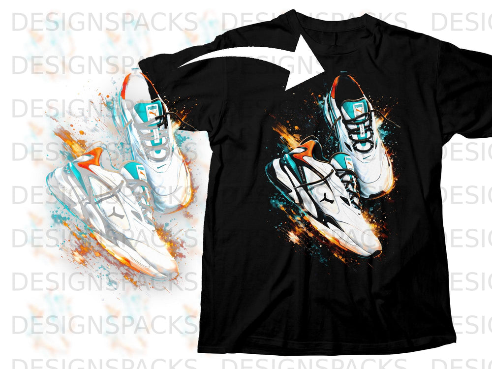 Black t-shirt featuring a dynamic graphic of two white Puma sneakers with teal and orange accents.