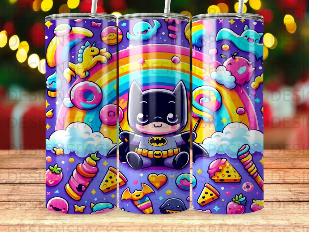 Batman character with rainbow and cute sweets on a tumbler.