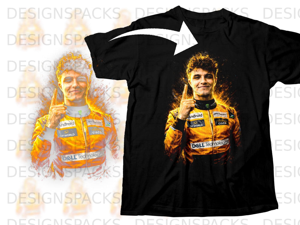 Black t-shirt with a graphic of a smiling man in a racing suit, pointing up.