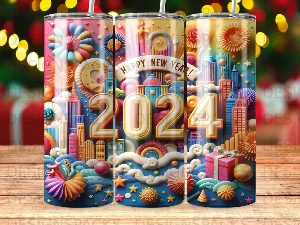 Festive 2024 New Year's Eve cityscape with fireworks and gift.
