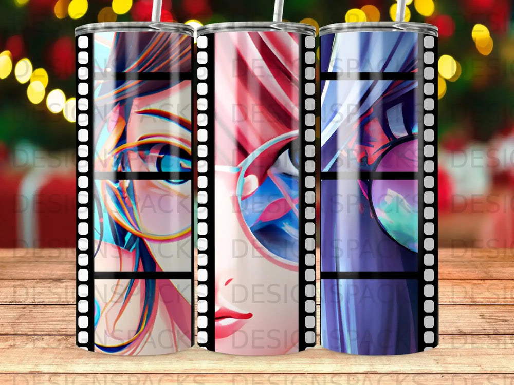 Anime girl portrait with sunglasses on a film strip tumbler.