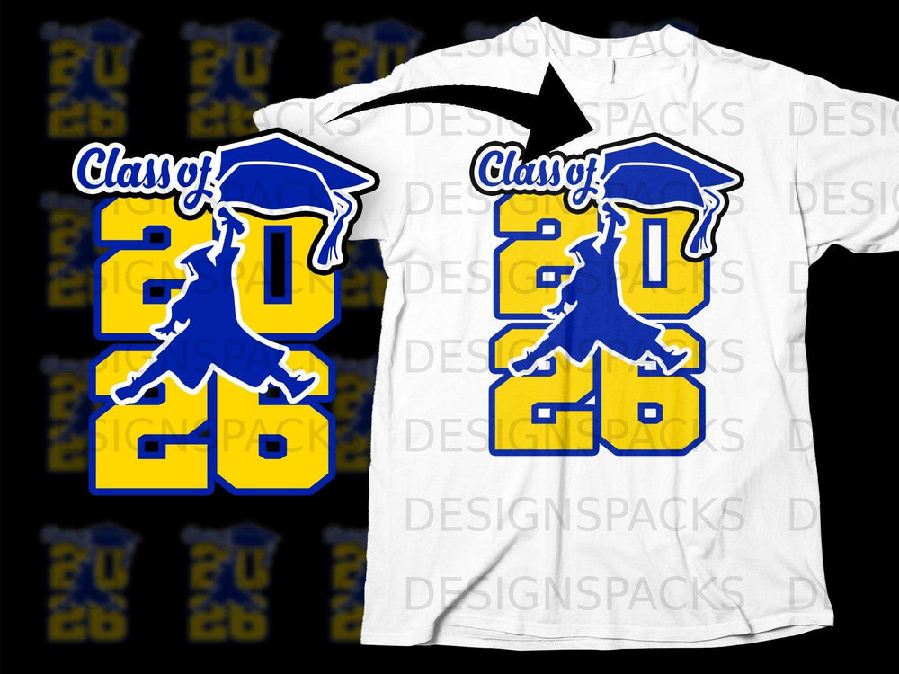 Class of 2026 graduation design with jumping silhouette and cap.