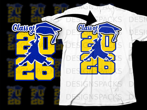 Class of 2026 graduation design with jumping silhouette and cap.