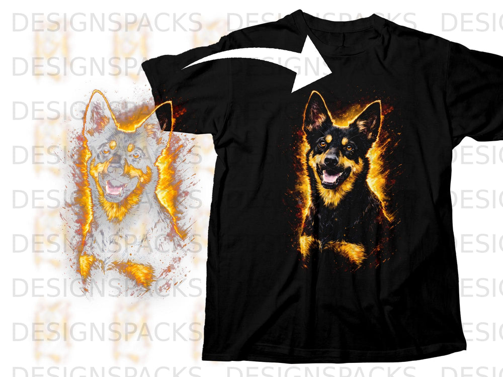 Black t-shirt with a distressed, fiery portrait of a dog.