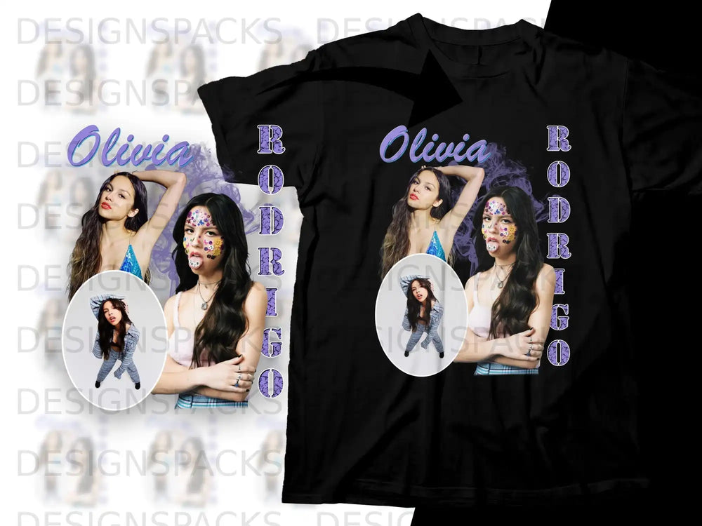 Olivia Rodrigo graphic t-shirt with album art and singer's photo.