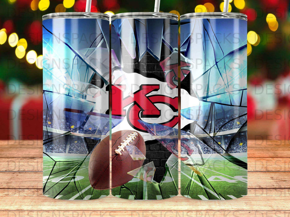 Kansas City Chiefs logo and football on shattered glass over stadium background.