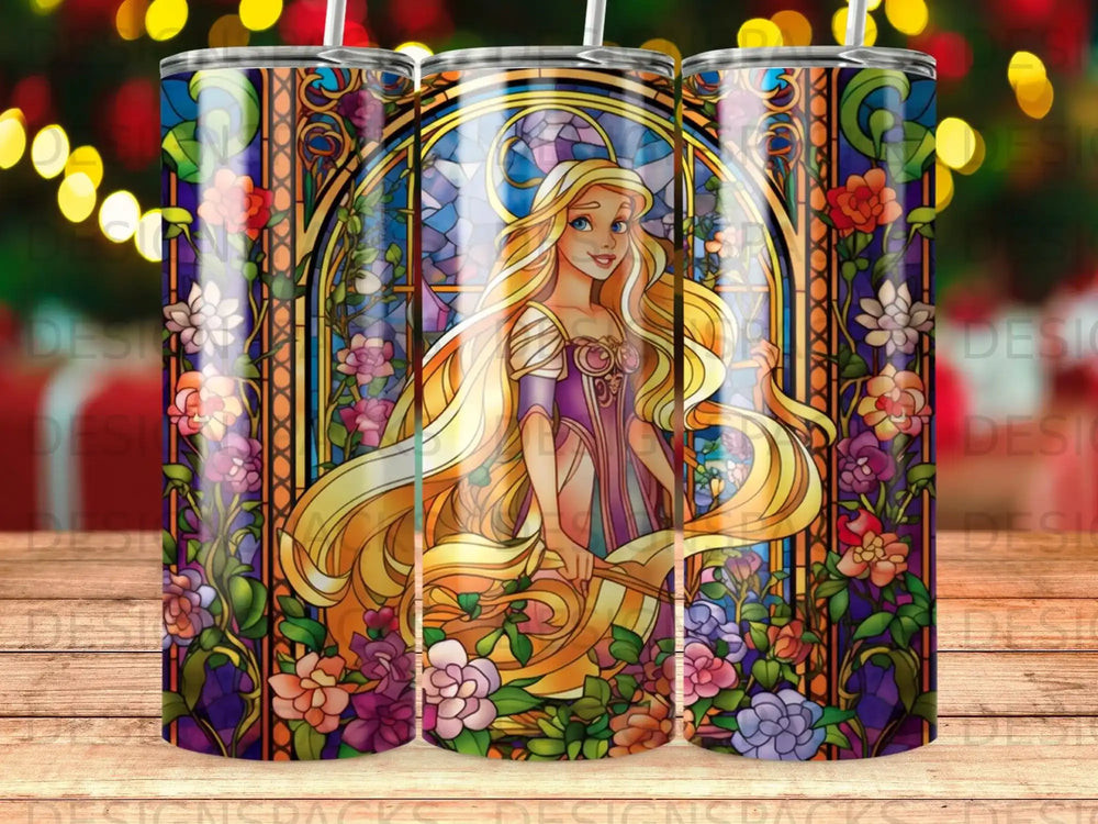 Rapunzel in stained glass with ornate floral borders.