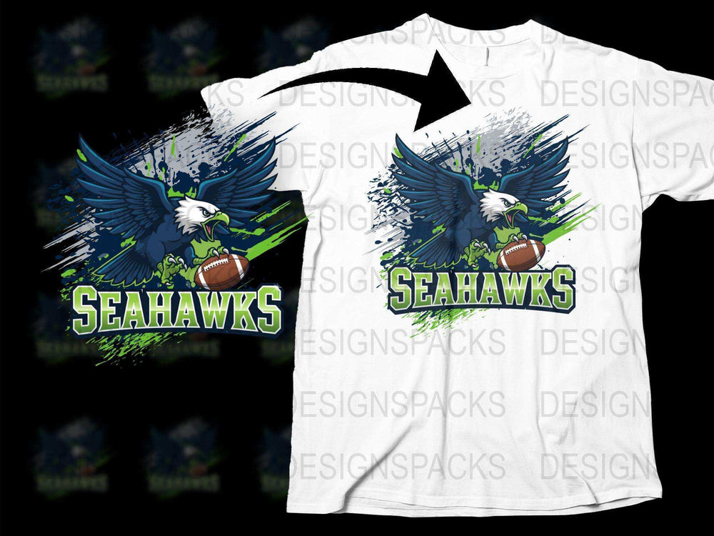 Seahawks Football Team Eagle Graphic T-Shirt, Bold Sports Fan Apparel, White and Blue Colorway