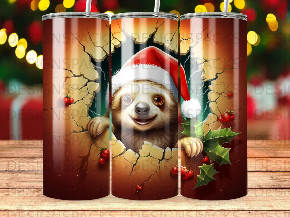 Sloth wearing Santa hat peeking through cracked opening with holly berries.
