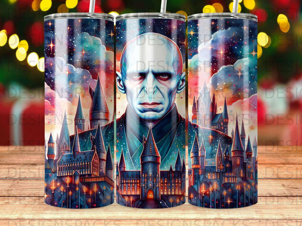 Dark wizard portrait above a fantasy castle on a celestial background.