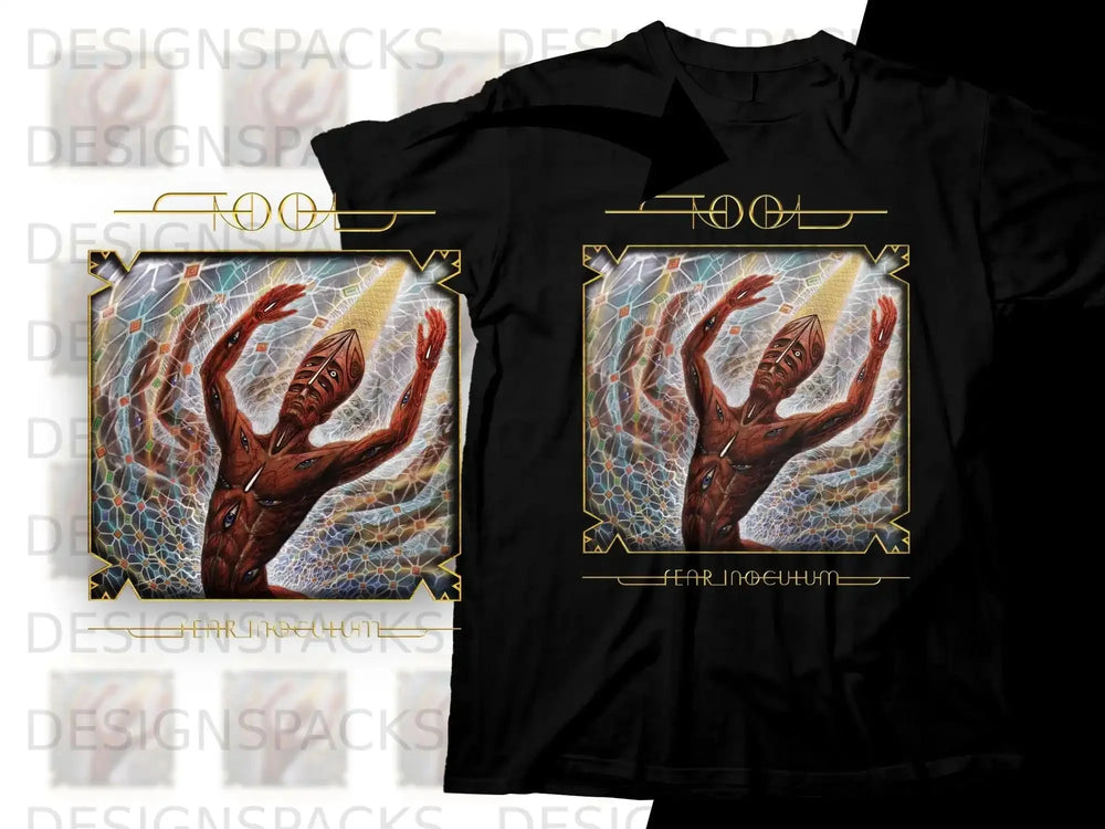 Black t-shirt with Fear Inoculum album art, featuring a skeletal figure.