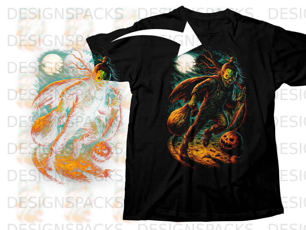 Black t-shirt with horror-themed graphic of a zombie character with a pumpkin.