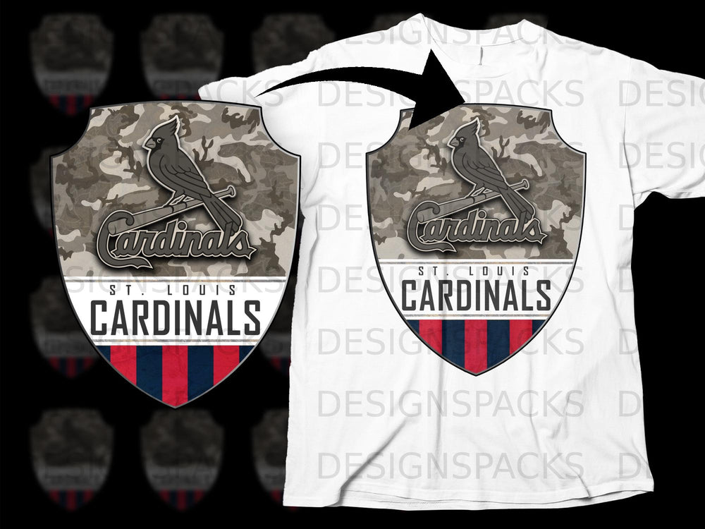 St. Louis Cardinals logo on a white t-shirt with camouflage design.