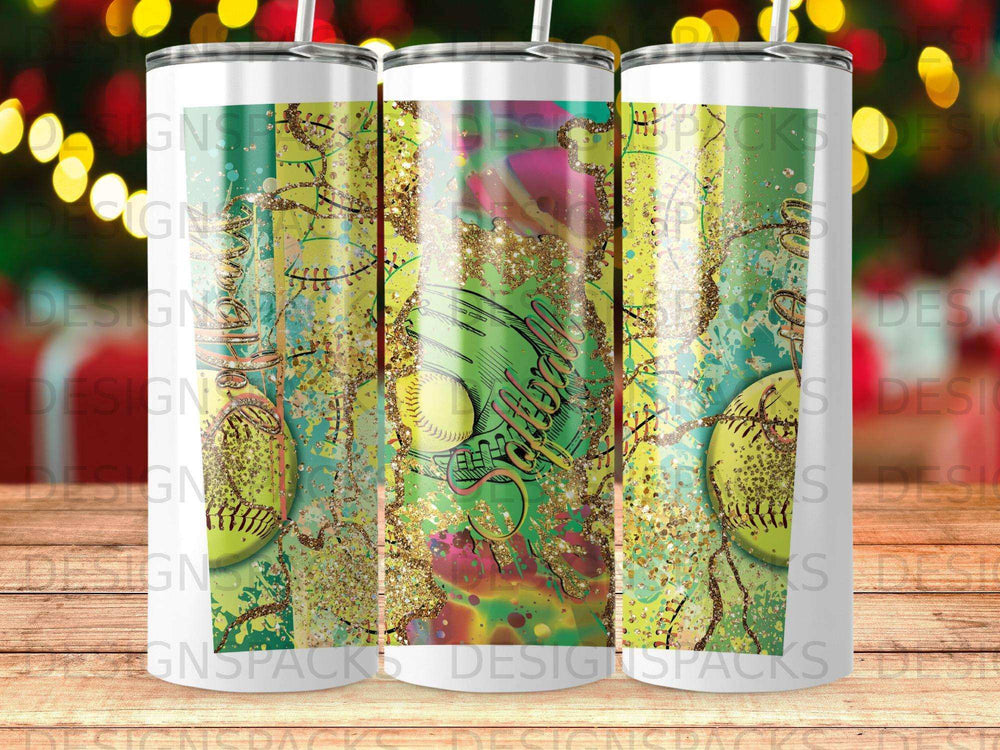 Tumbler with glittery softball and abstract colorful background.