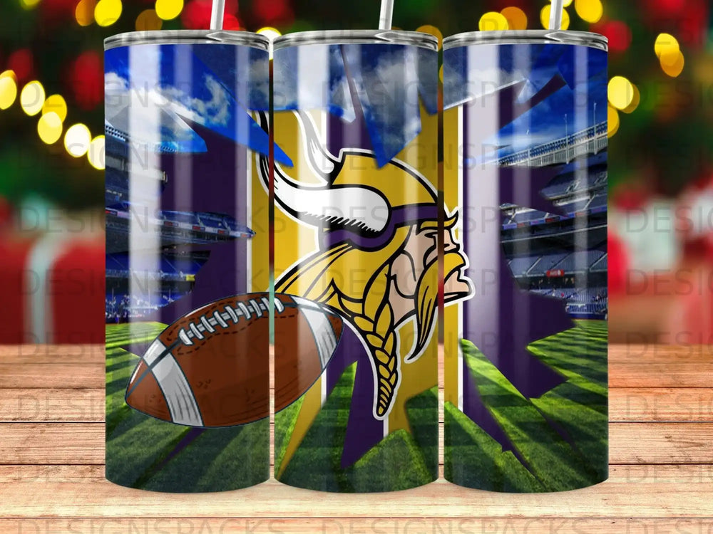Minnesota Vikings football helmet and team logo on a stadium background.