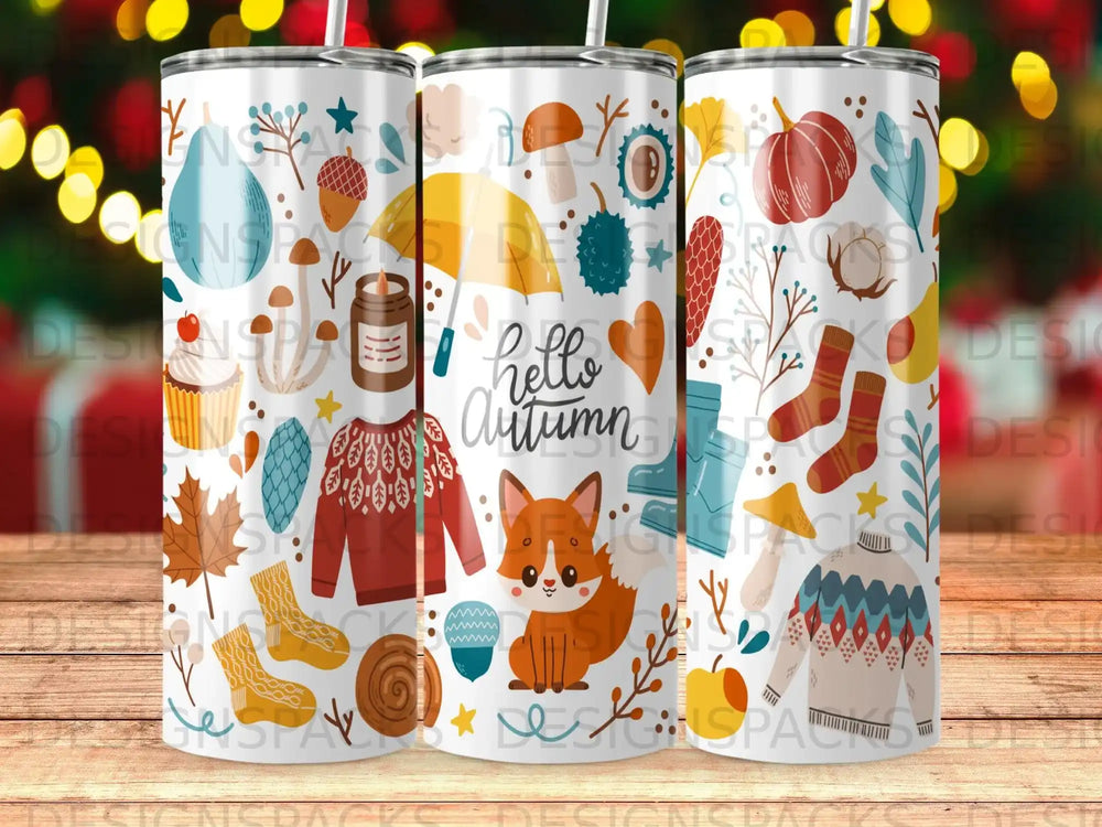 Cute fox and autumn themed objects on a tumbler wrap.