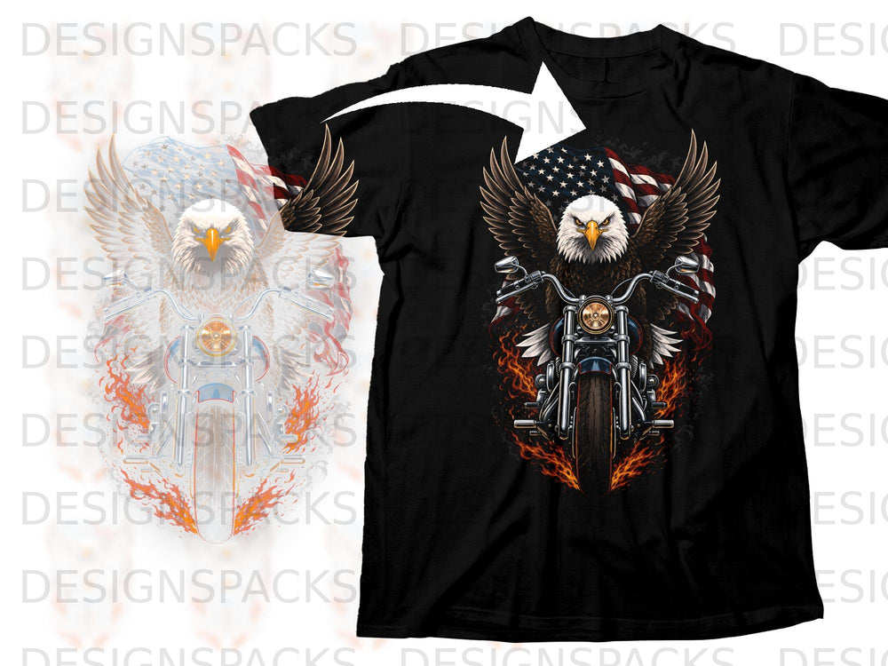 Black t-shirt featuring an eagle, motorcycle, American flag, and flames.