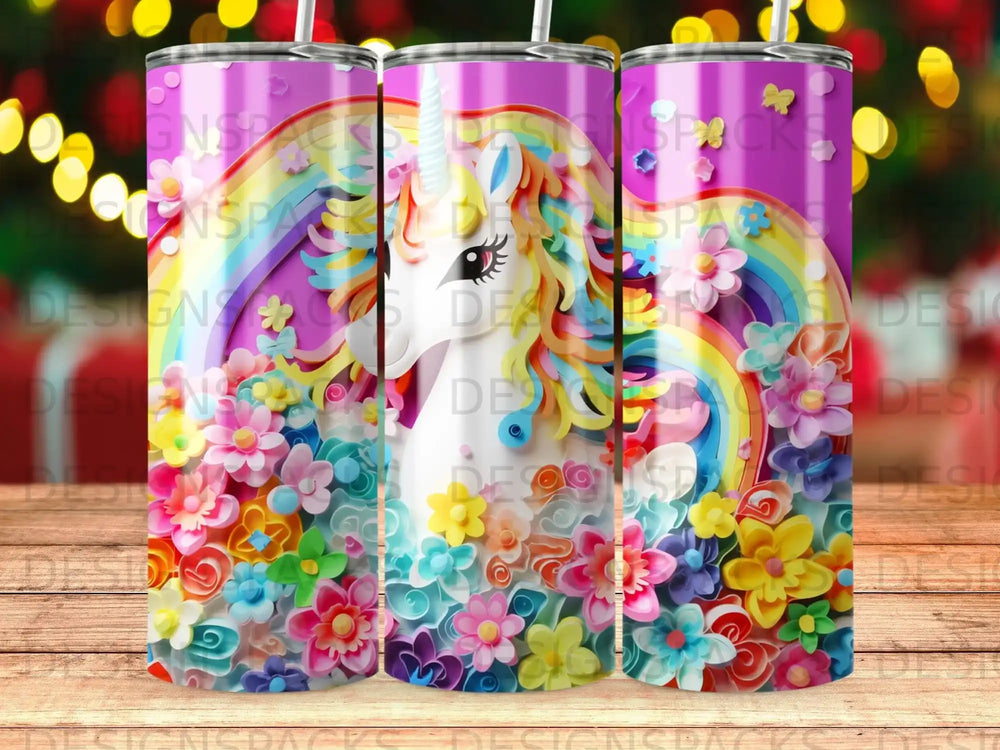 Unicorn with rainbow and colorful flowers on purple tumbler.