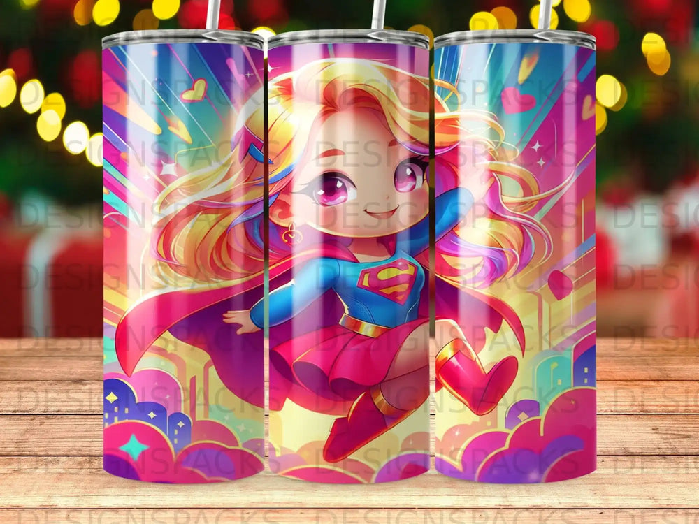 Supergirl in pink dress and cape, flying with superhero logo.