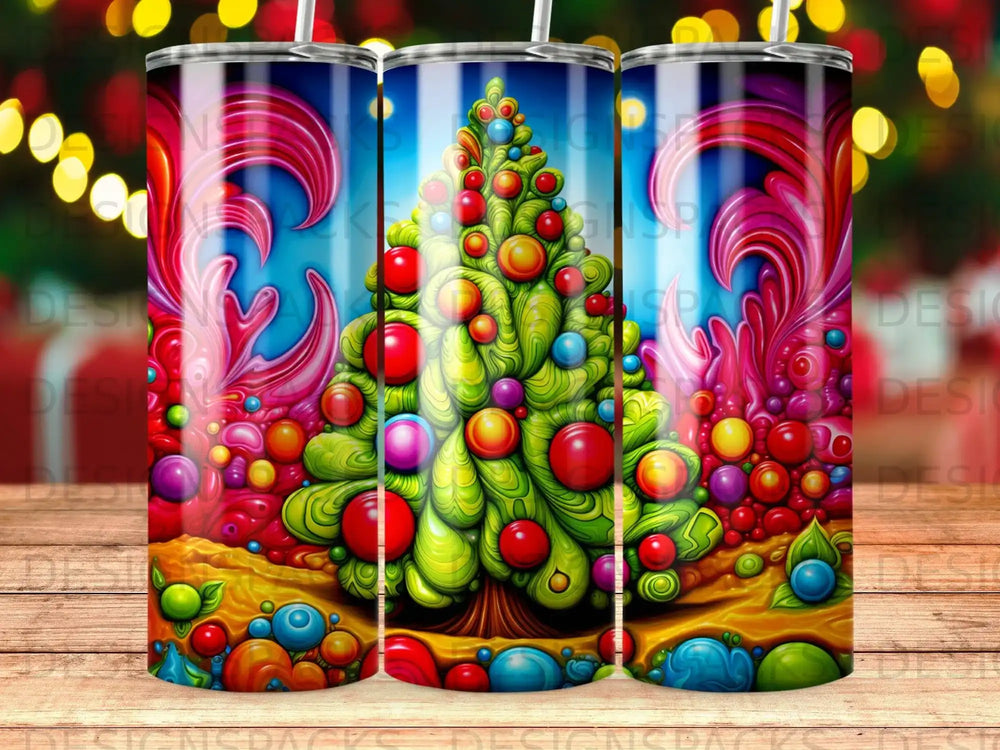 Festive Christmas tree with colorful ornaments and vibrant swirls.