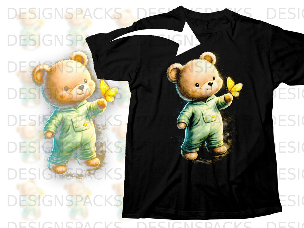 Cute teddy bear in green pajamas holding a yellow butterfly on black t-shirt.