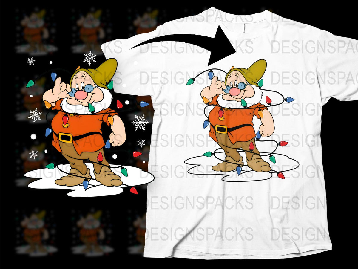 Cartoon Dwarf Christmas T-Shirt, Festive Holiday Apparel, Colorful Snow Scene, Unisex Adult Clothing