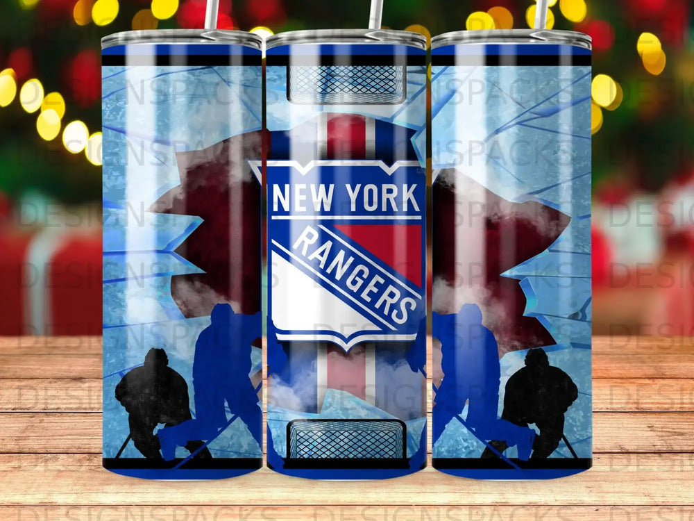 New York Rangers logo with hockey players on a cracked ice background.