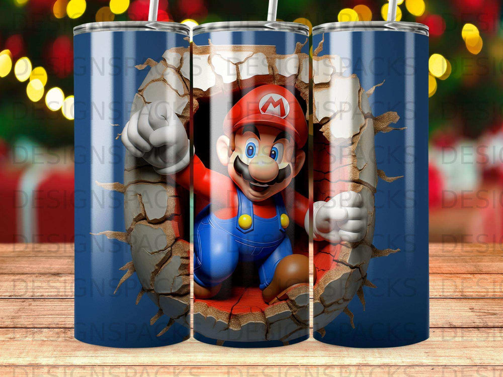 Mario breaking through a cracked wall, on a blue tumbler.